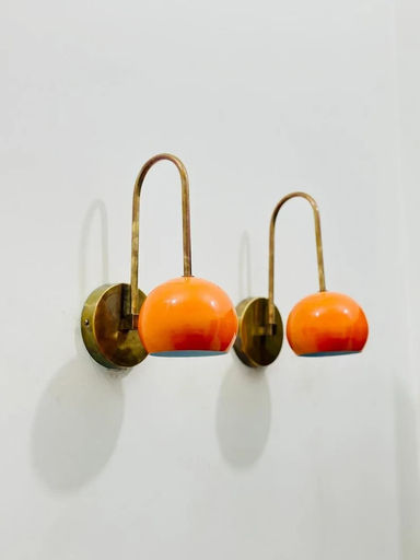 Handmade Mid-Century Wall Lights – Solid Brass Sconces with Orange Ball Pair