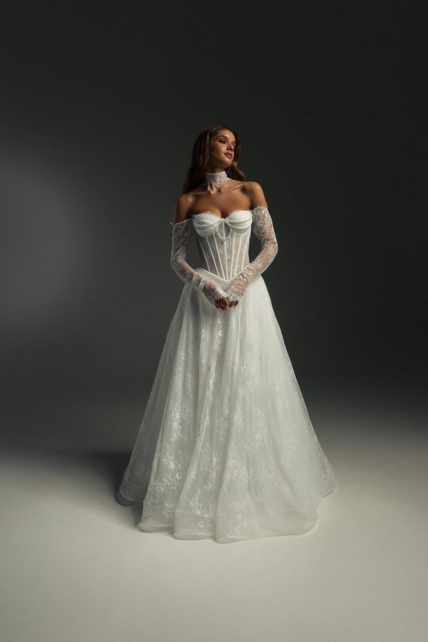 Basque Waist Lace Wedding Dress, Vintage Corset A line Gown, Off Shoulder Long Sleeves, Hooded Bridal Cape, Pearl Beaded Boho