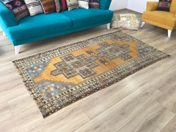 Orange Tribal Rug 4.1x7.7 ft Living Room Geometric Vintage Turkish Wool Carpet
