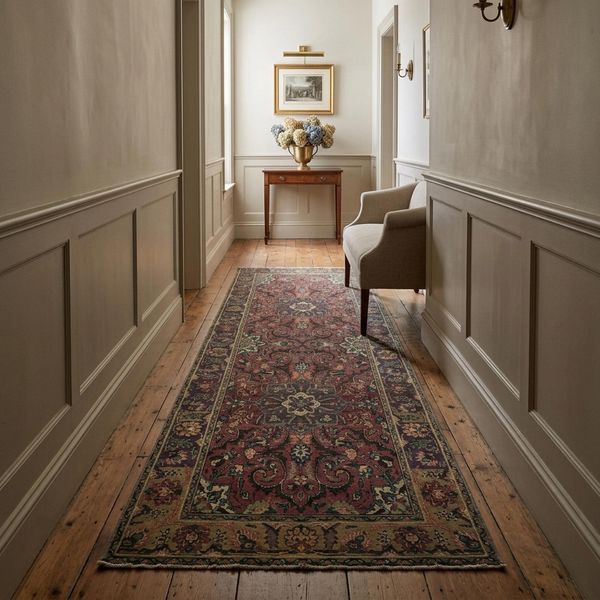 Red Floral Oriental Runner Rug 3.6x10.6 ft Vintage Hallway Traditional Turkish Wool Carpet