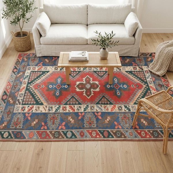 Coral Kazak Rug 4.2x6.3 ft Living Room Vintage Caucasian Wool Carpet