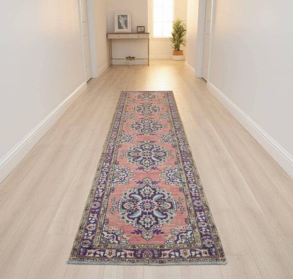 Hallway rug, Pink blush vintage rug, Handknotted rug, Mid century rug, Country side rug, Sustainable rug, Pastel rug, 3.2x9.5 ft,RK 14661