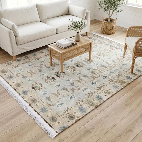 Sky Blue Floral Rug 4.8x9.3 ft Living Room Faded Vintage Turkish Wool