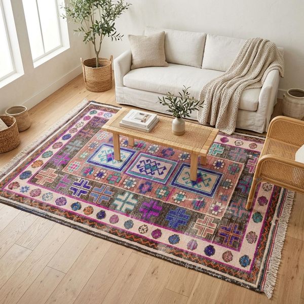 Purple Tribal Rug 3.7x7.1 ft Bedroom Vintage Anatolian Tribal Wool
