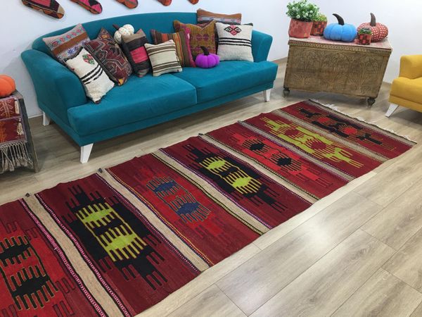 Red kilim rug, Antique runner rug, Turkish rug, Bohemian rug, Oushak rug, Hallway rug, Kitchen rug, Floor area rug, 4 x 14.5 ft, RK 8131