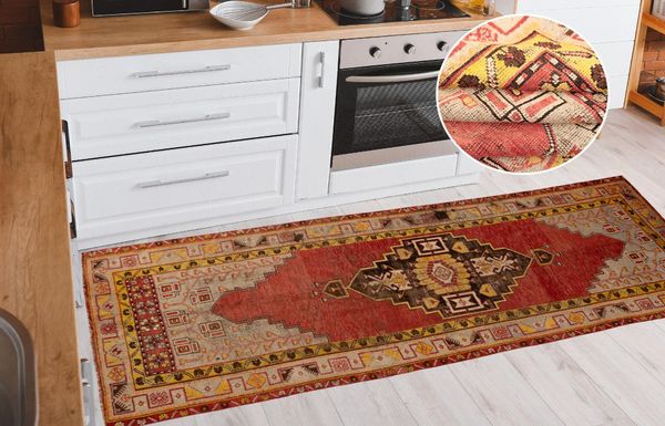 Handmade turkish rug, Traditional rug, Retro rug, Rugs for kitchen, Stair rug, Vintage oushak rug, Oriental rug, 4.6 x 12.1 ft, RK 12736