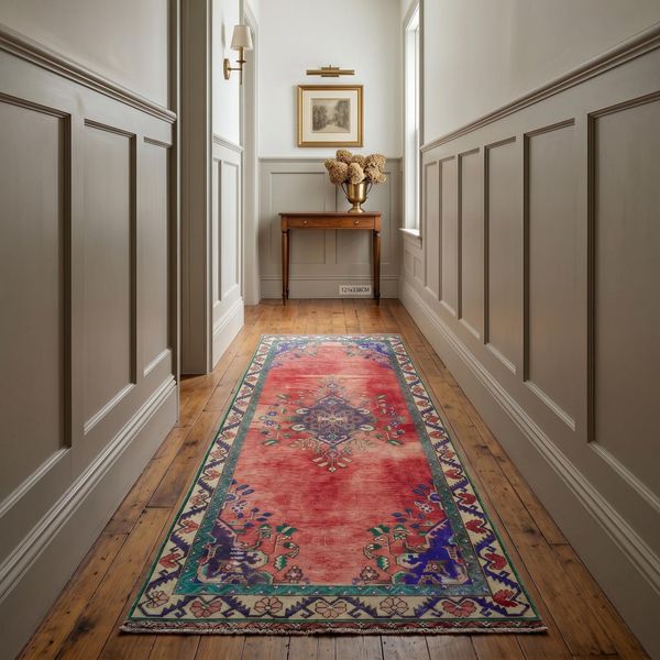 Red Oushak Runner Rug 4x11.1 ft Wide Hallway Carpet Vintage Medallion Turkish Wool