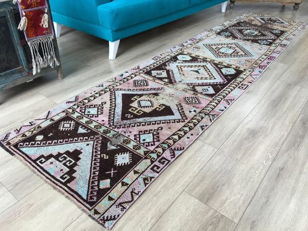 Area rug, Handmade rug, Turkish vintage rug, Kars rug, Stair runner rug, 2.6 x 11.1 feet, Brown pink rug, Hallway rug, Wool rug, RK 11445