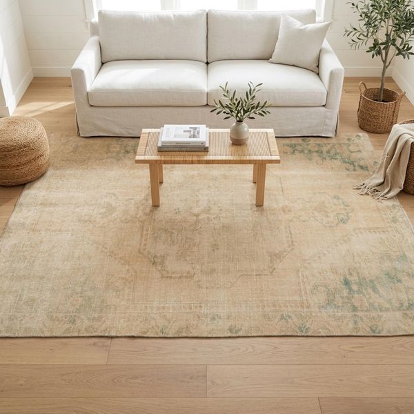 Bone Oushak Rug 4.4x6.8 ft Living Room Distressed Vintage Anatolian Wool