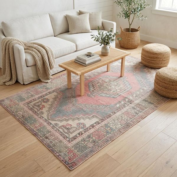 Coral Oushak Rug 3.7x6.9 ft Bedroom Distressed Vintage Turkish Wool Carpet