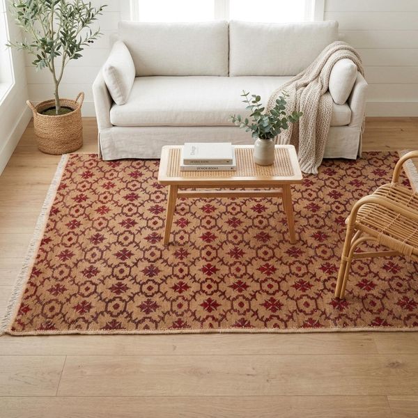 Khaki Floral Rug 5x9.2 ft Living Room Vintage Turkish Wool
