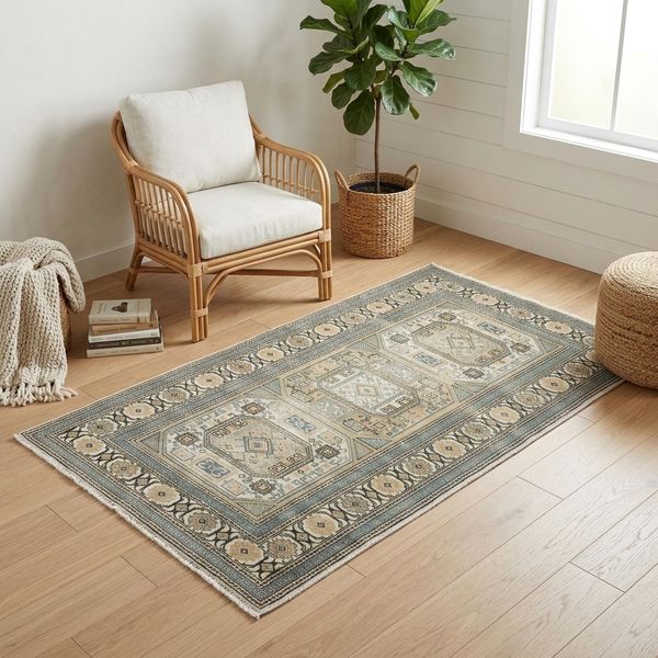 Slate Kazak Rug 3.2x6.1 ft Bedroom Vintage Caucasian Wool Carpet