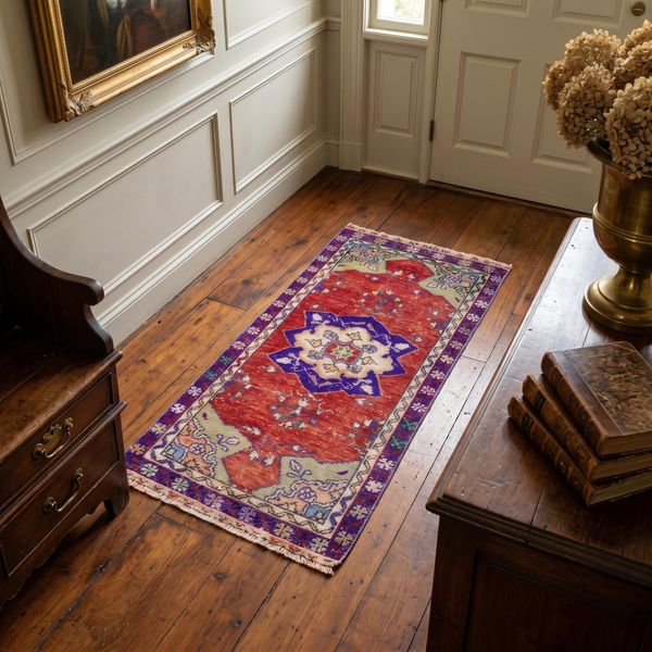 Red Blue Medallion Runner Rug 1.9x4.3 ft Small Entryway Carpet Vintage Turkish Wool