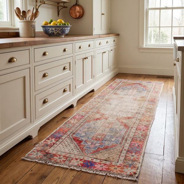 Coral Medallion Runner Rug 2.8x8 ft Kitchen Hallway Carpet Faded Vintage Turkish Wool
