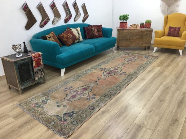 Orange runner rug, Turkish runner rug, Kitchen rug, Hallway rug, Faded rug, Boho carpet, Vintage rug, Corridor rug, 3.4x11.0 feet, RK 10085