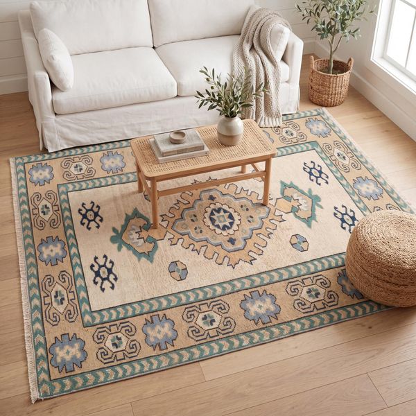 Cream Kazak Rug 3.9x5.5 ft Bedroom Tribal Vintage Turkish Wool Carpet