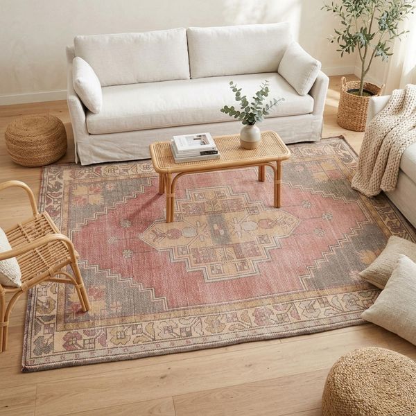 Mauve Oushak Rug 3.8x5.6 ft Bedroom Vintage Anatolian Wool
