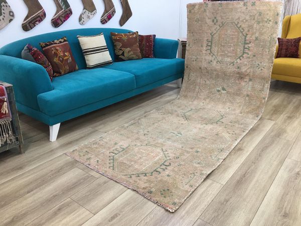 Pink rug, Runner rug, Vintage rug, Turkish rug, Oushak rug, Handmade rug, 3.3 x 9.4 ft, Turkey carpet, Kitchen rug, Wool rug, RK 9713