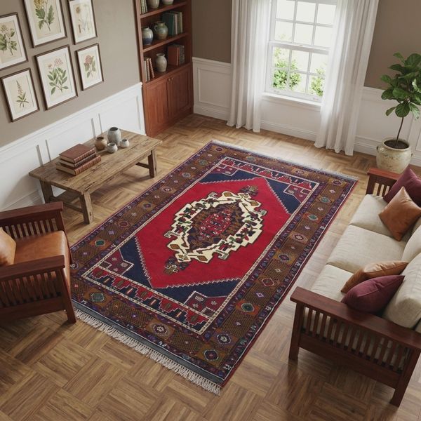 Red Turkish Rug, Vintage Handmade Wool Carpet, Bold Tribal Geometric Area Rug, Home Decor Rug, Living Room Rug, 4.4 x 7.9 ft, RK 14747