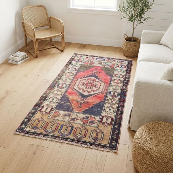 Red Tribal Rug 2.6x5.4 ft Bedroom Vintage Anatolian Tribal Wool