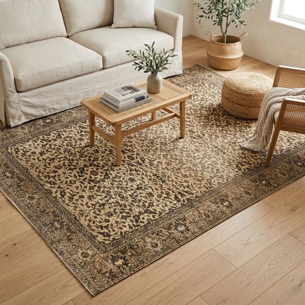 Khaki Floral Rug 4.6x6.8 ft Living Room Faded Vintage Turkish Wool
