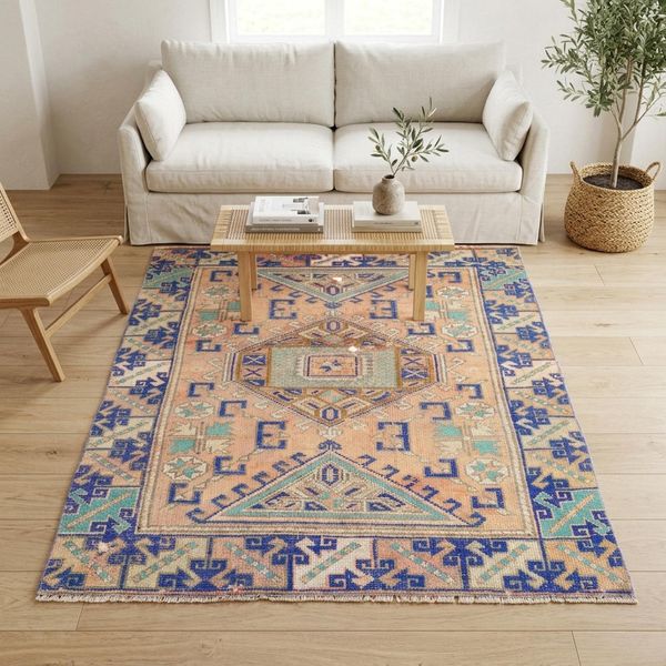 Apricot Kazak Rug 3.7x5.4 ft Bedroom Vintage Caucasian Wool Carpet