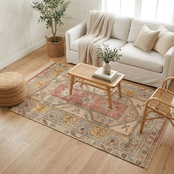 Gold Oushak Rug 3.6x7.1 ft Bedroom Faded Vintage Anatolian Wool
