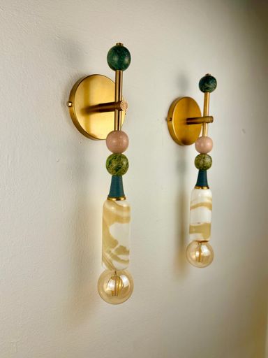 Set of Two Amulet Brass Wall Sconce Lighting - Yellow Gemstone Wall Sconce - Handmade Wall Light - Modern Bedside Wall Lamp