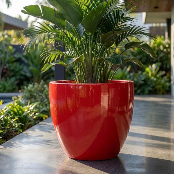 Glossy Red Fiberglass Planter: Modern Round Home Garden Pot, 17-27 Inch