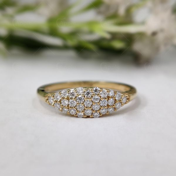 Moissanite Pave Signet Ring, 14K Gold Dome Stackable Pinky Ring