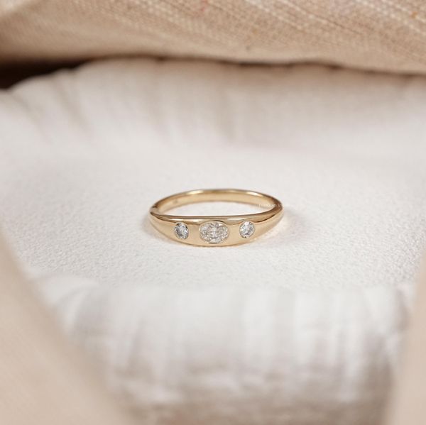 Oval Cut Natural Diamond Flush Set Ring/ Natural Diamond Three Stone Engagement Ring/ Earth Mined Diamond East West Ring/ Bridal Jewelry