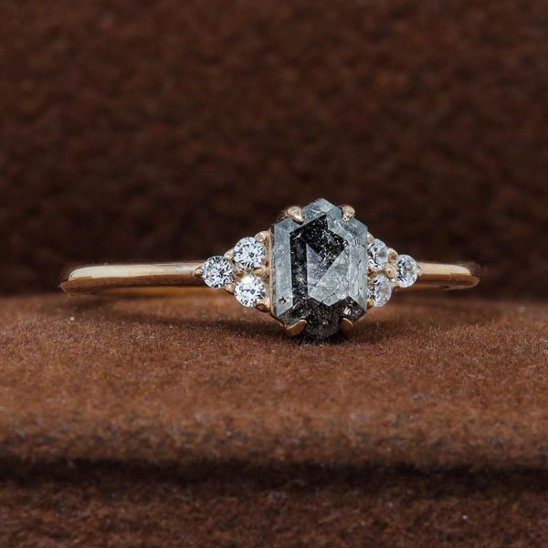 Raw Diamond Hexagon Round Diamond Ring, Salt and Pepper, Plain Unique Bridal Engagement Ring, Rose Cut Geometric Diamond Ring, Gift for Her