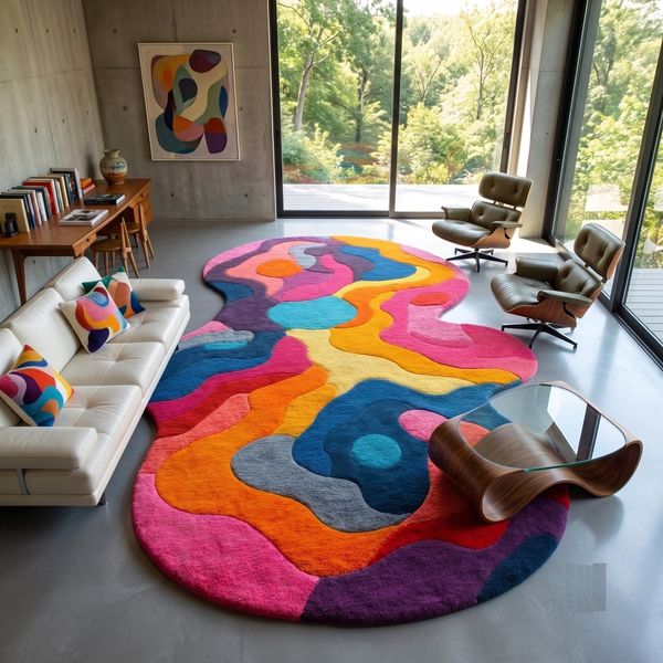 Hand Tufted Wool Abstract Area Rug Colorful Irregular Modern Carpet Living Room Decor Statement