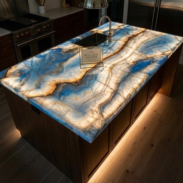 Custom Blue Onyx Kitchen Island Countertop Bookmatched Translucent Slab