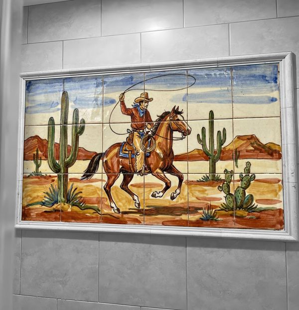 Handmade Western Tile Mural: Cowboy Roping in Desert, Rustic Southwest Backsplash