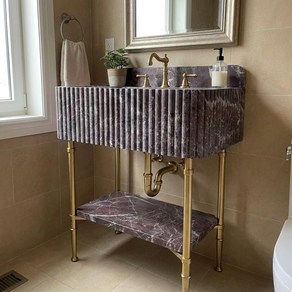 Rosso Levanto Fluted Hand Carved Marble Pedestal Sink with Backsplash and Metal Legs for Powder Room M8N004