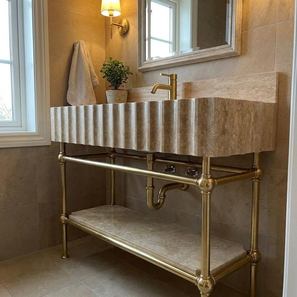 Handcrafted Travertine Marble Sink with Fluted Design Elegant Rectangular Stone Basin with Brass Legs Luxury Bathroom Vanity M8M003