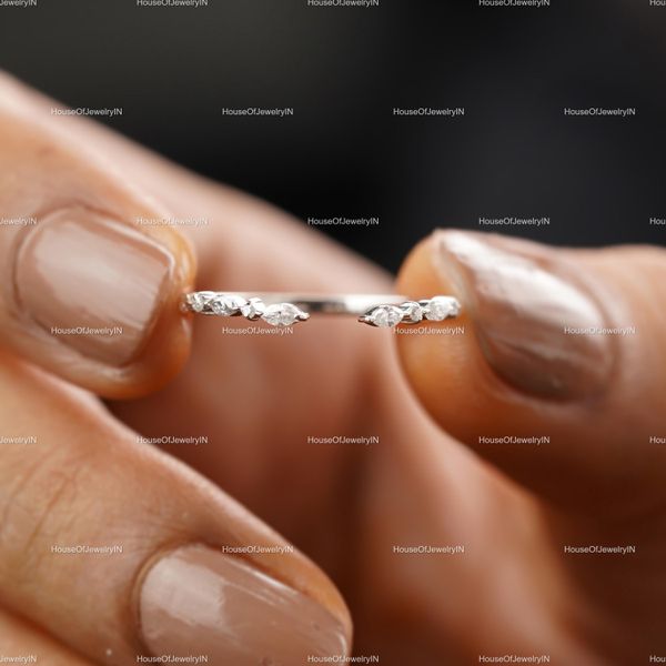 Moissanite Open Gap Wedding Band, Marquise & Round Cut, Stackable Band