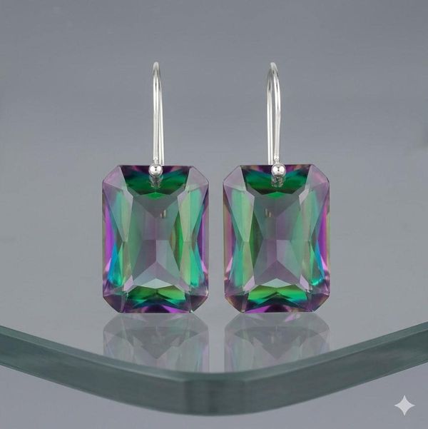 14K Gold Rainbow Mystic Topaz Earrings (34ct), Mercury Mystic Topaz, Rectangle Earrings Statement Earring, Mystic Topaz jewelry Gift For Her