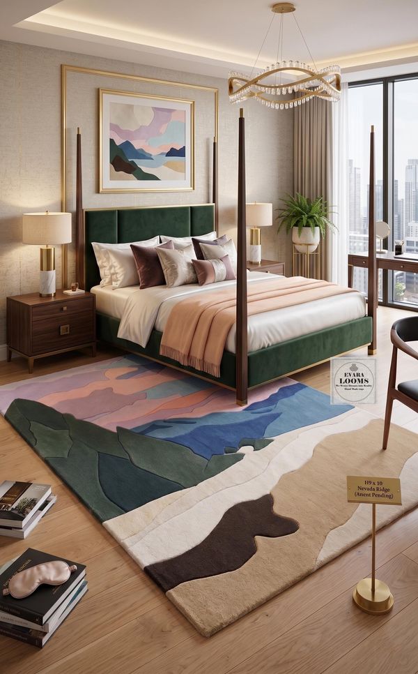Hand Tufted Abstract Landscape Rug, Pastel Mountain Scene, Organic Wave Shape, Modern Boho Decor
