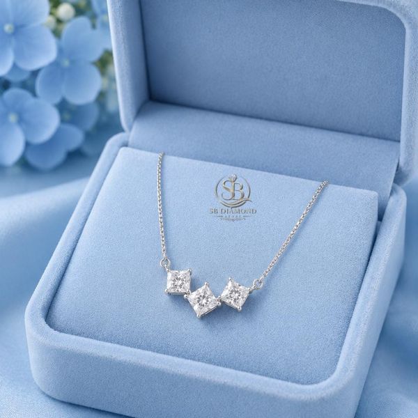 Princess Cut Three Stone Diamond Necklace 14K White Gold Lab Grown Sparkle Pendant Minimalist Everyday Necklace