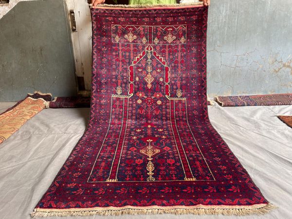 Vintage Turkmen Prayer Rug 3x5, Indigo Blue Tree of Life Niche Carpet, Crimson Burgundy Wool Runner, Small Boho Tribal Floor Area Accent Rug