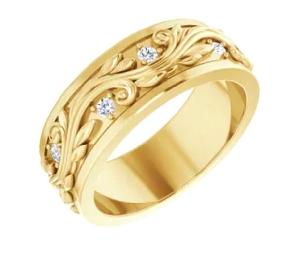 Sculpted Diamond Accented Wedding Band 14k 18k Yellow Gold Ring Platinum Victorian Wedding Band Unique Wedding Ring Floral Sculpted Band