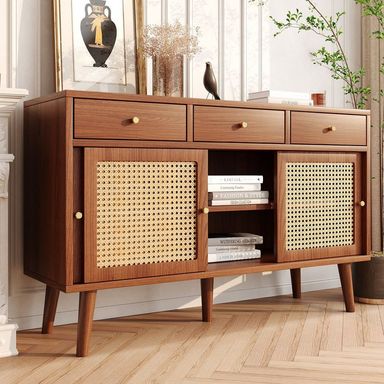 Celya Sideboard Kommode mit 3 Schubladen und 3 Schiebetüren, Rattangeflecht auf den Türfronten