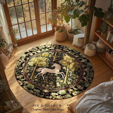 Magic Aesthetic Unicorn Round Area Rug Cottagecore Style, Dark Academia Folklore Decor Maximalist Fantasy Art Enchanted Fairytale Accent - Etsy in 2025 | Round area rugs, Decor, 1800s home