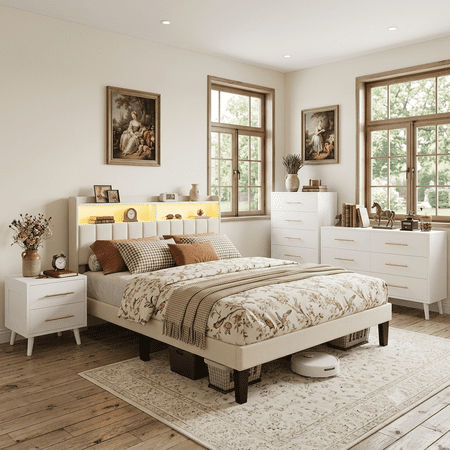 4 Piece Bedroom Furniture Dressers Sets - Queen Bed Frame with LED Lights & Charging Station + Nightstands with Gold Handles + 5-Drawer and 6-Drawer Dresser with Anti-Tip Safety - Beige & White