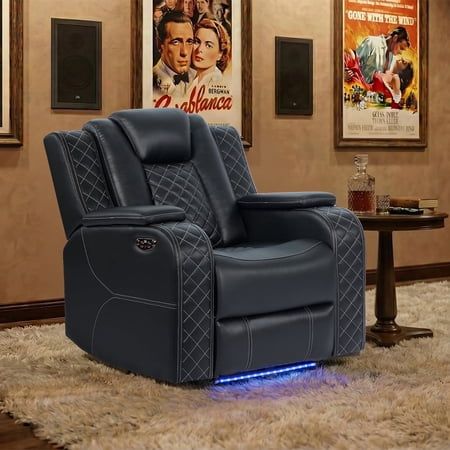 EBELLO Dual Motor Power Reclining Chair  PU Leather Home Theater Reclining Chair with Adjustable Headrest  Storage  USB Ports and LED Strip  Black