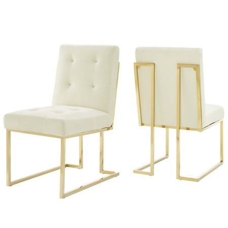 Modway Privy 18.5  Performance Velvet Dining Chair in Gold/Ivory (Set of 2)