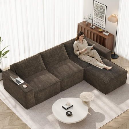 Neche 114  Modular Boneless Couch  Modern 3 Seater Sectional Sofa with Ottoman & Deep Seat  Convertible Chenille L Shaped Cloud Couches for Living Room  No Assembly Required  Dark Brown