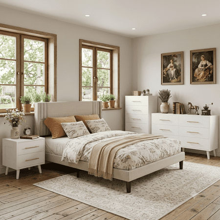 4-Piece Bedroom Furniture Set  1x Queen Platform Bed with Wingback Headboard  1x USB Charging Nightstand with LED Lights  1x 5-Drawer and 1x 6-Drawer Dresser with Anti-Tip Safety - Beige&White